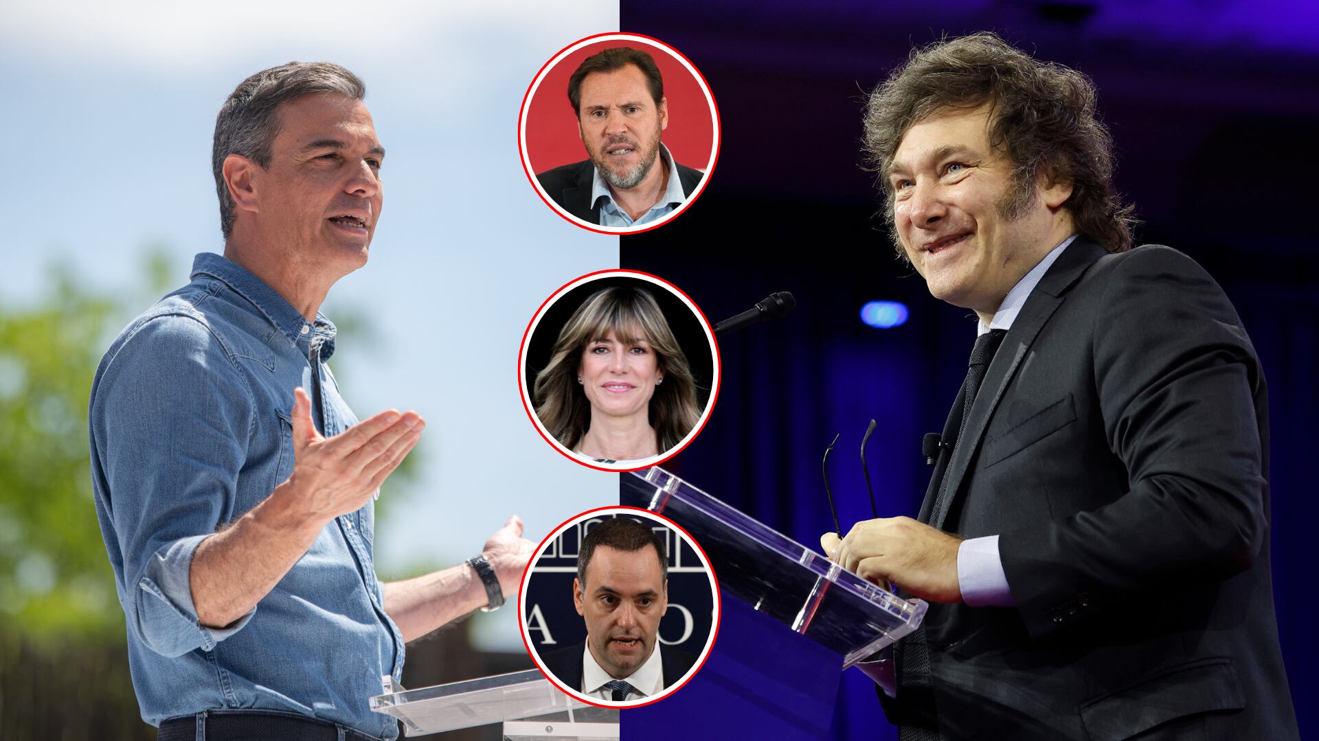 A la izquierda el presidente del gobierno español, Pedro Sánchez, a la derecha el presidente argentino, Javier Milei. En los círculos, de arriba a abajo, Óscar Puente ( ministro de Transporte de España), Begoña Gómez (esposa de Pedro Sánchez) y Manuel Adorni (portavoz de la presidencia argentina).
Foto: Getty / Caracol Radio