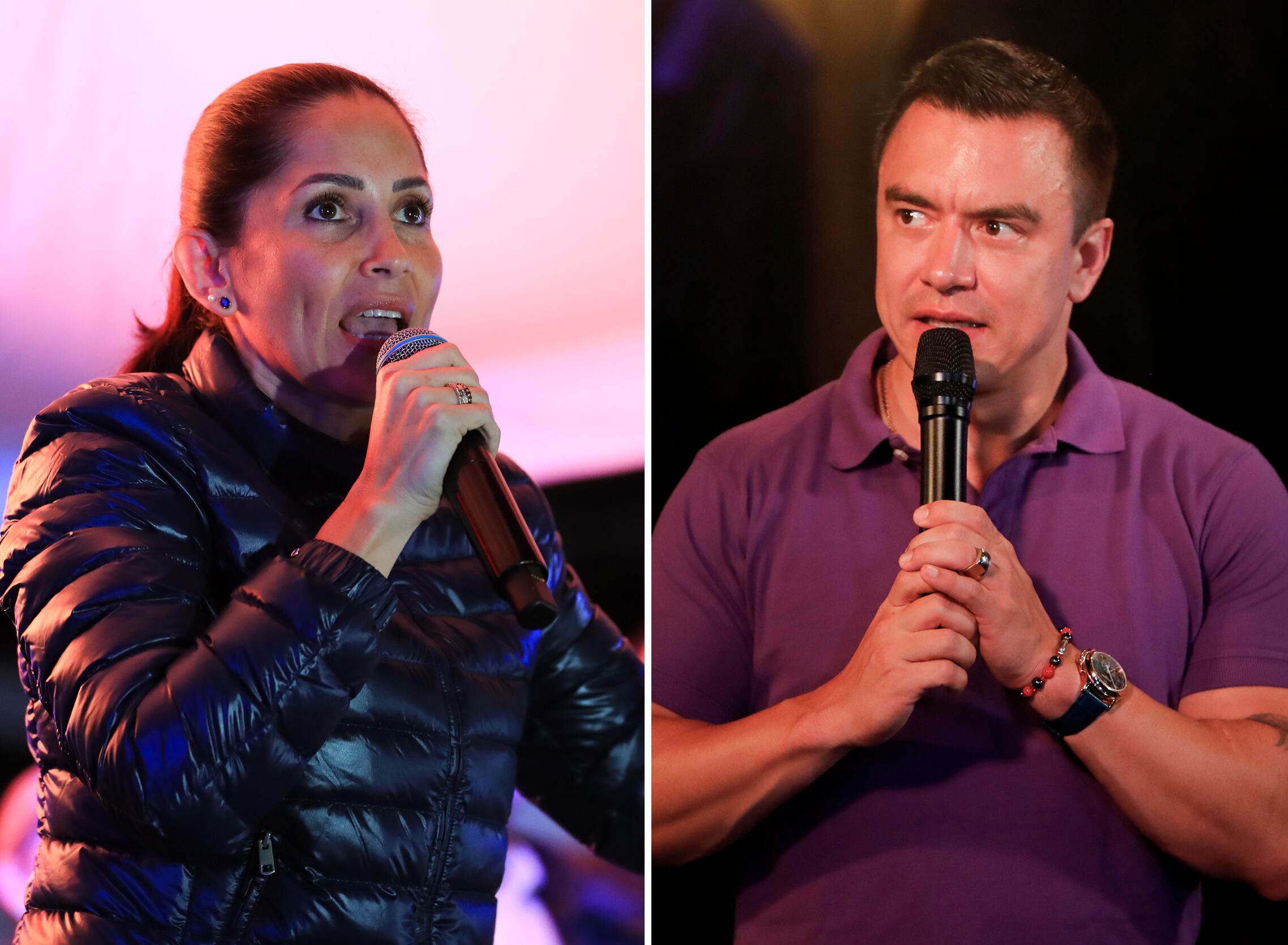 La candidata del correísmo a la Presidencia de Ecuador, Luisa González y el presidente de Ecuador reelecto, Daniel Noboa. 
EFE/ José Jácome/ Carlos Durán Araújo