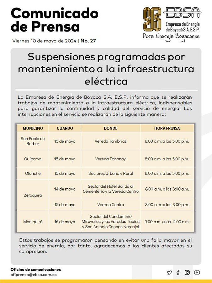 Suspensiones programadas de energía en Boyacá para realizar mantenimiento