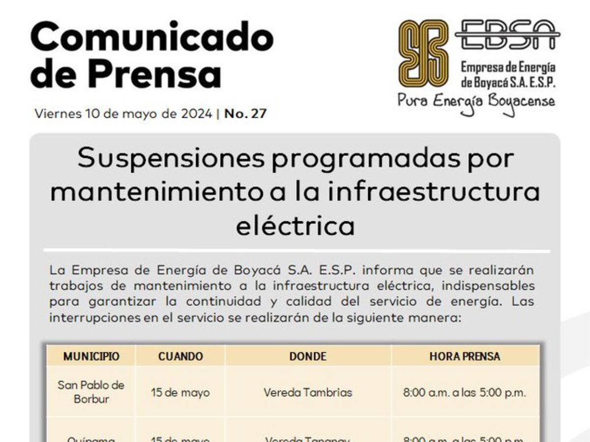 Suspensiones programadas de energía en Boyacá para realizar mantenimiento