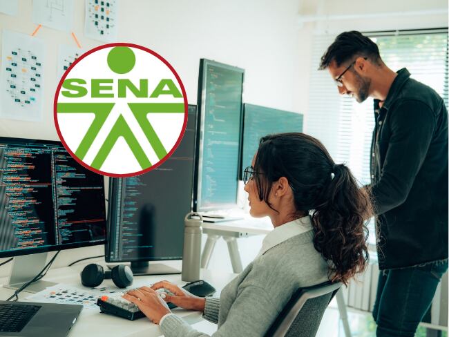 Personas estudiando programación // Getty images // logo SENA
