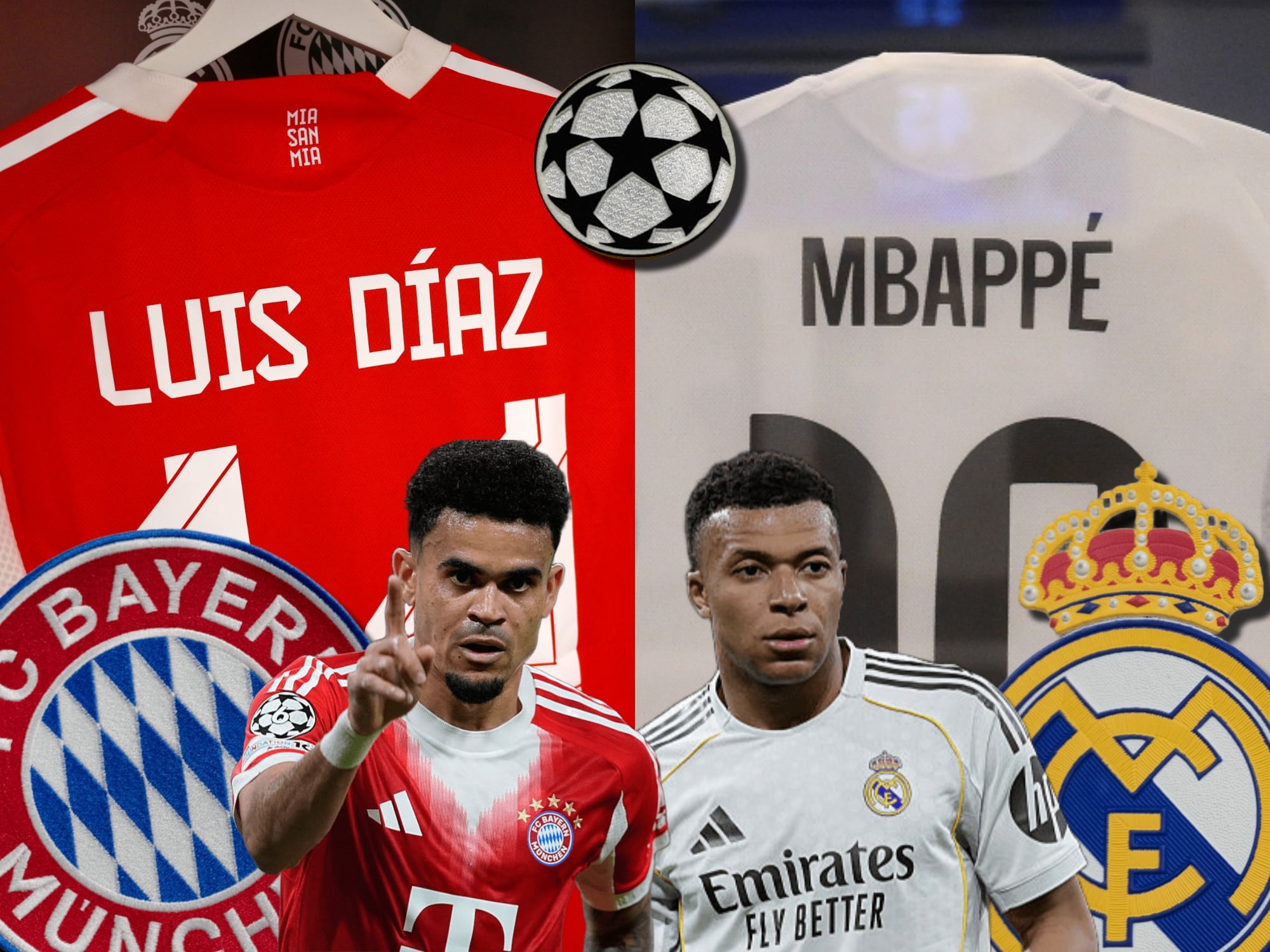 Camisetas de Luis Díaz y Mbappé. Al frente, los mismos Luis Díaz y Mbappé junto a los escudos del Bayern Múnich, el Real Madrid y el logo de la Champions League. Fotos: Getty Images.