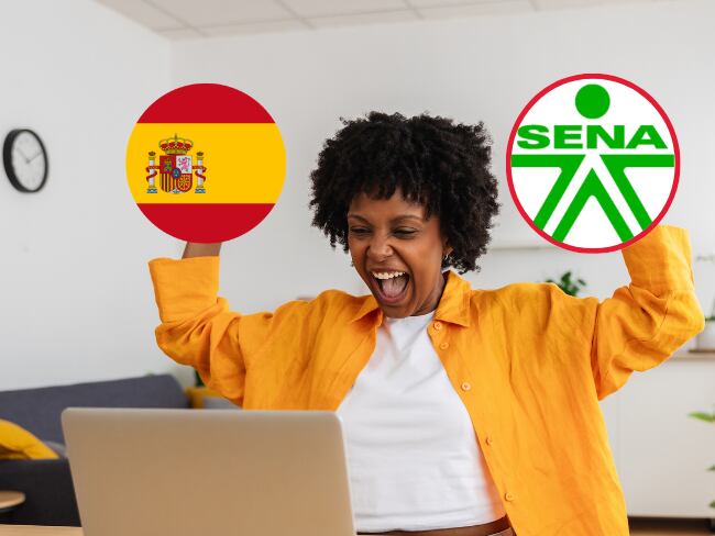 De fondo: Mujer celebrando. En la imagen también se encuentra la bandera de España y un logo del Servicio Nacional de Aprendizaje de Colombia (Crédito: Getty IMAGES / SENA)
