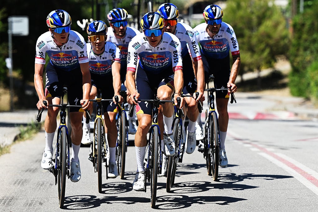 BARCELONA, SPAIN - JULY 03: (L-R) Maxim Van Gils of Belgium, Remco Evenepoel of Belgium, Florian Lipowitz of Germany, Tim van Dijke of Netherlands during the training of Team Red Bull - BORA - hansgrohe prior to the 113th Tour de France 2026 / #UCIWT / on July 03, 2026 in Barcelona, Spain. (Photo by Dario Belingheri/Getty Images)