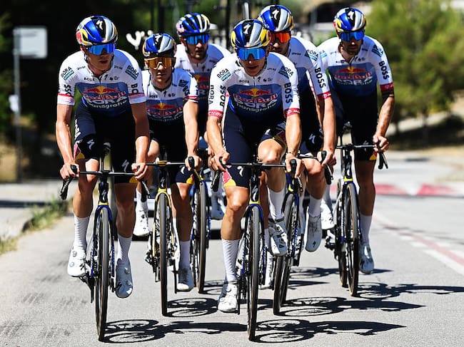 BARCELONA, SPAIN - JULY 03: (L-R) Maxim Van Gils of Belgium, Remco Evenepoel of Belgium, Florian Lipowitz of Germany, Tim van Dijke of Netherlands during the training of Team Red Bull - BORA - hansgrohe prior to the 113th Tour de France 2026 / #UCIWT / on July 03, 2026 in Barcelona, Spain. (Photo by Dario Belingheri/Getty Images)