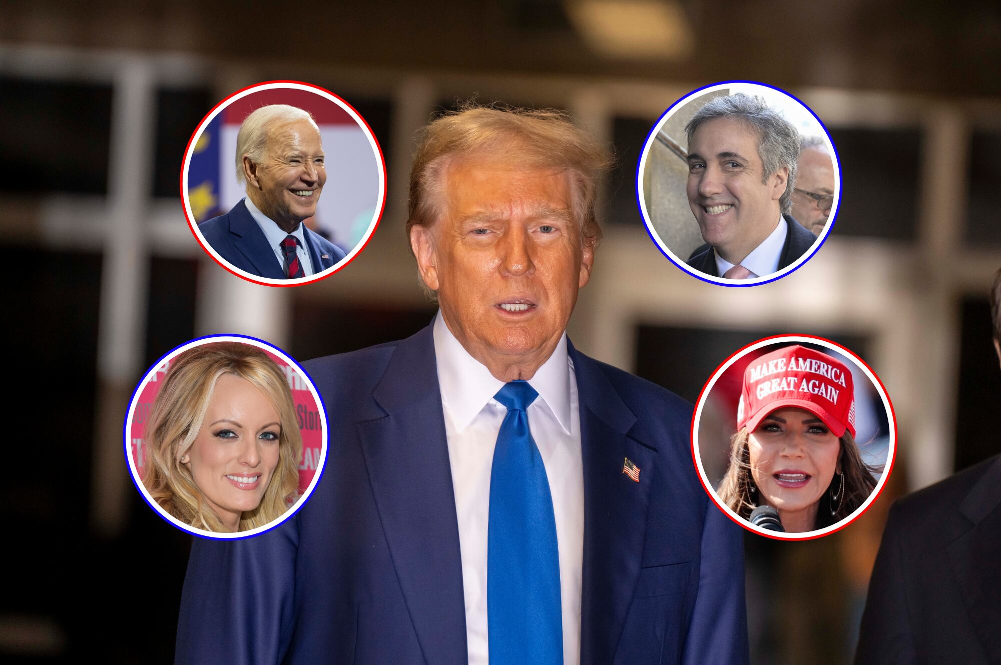 El expresidente Donald Trump (centro) tras una sesión en el juicio en su contra en Nueva York. En los círculos rojos el presidente Joe Biden y la gobernadora de Dakota del Sur, Kristi Noem. En los círculos azules la ex actriz porno Stormy Daniels y el ex abogado de Trump, Michael Cohen.
(Foto: Getty / Caracol Radio)