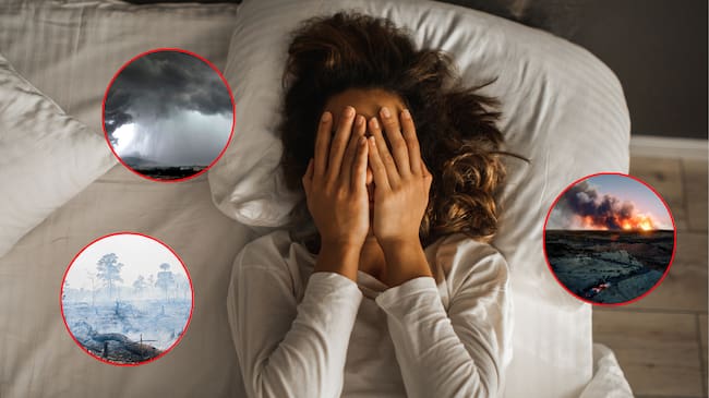 Mujer en la cama tapándose la cara / Desastres naturales (Getty Images)