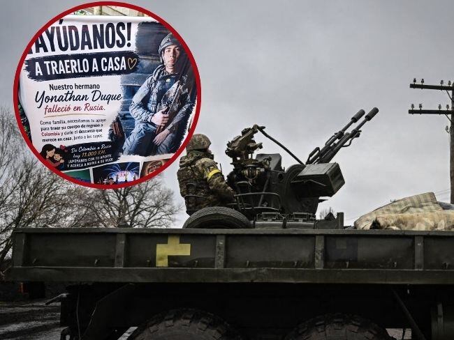 Foto de la guerra entre Rusia y Ucrania (archivo) y pancarta de familia pidiendo ayuda para repatriar el cuerpo de su ser querido dado baja en combate.