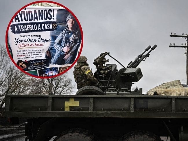 Foto de la guerra entre Rusia y Ucrania (archivo) y pancarta de familia pidiendo ayuda para repatriar el cuerpo de su ser querido dado baja en combate.
