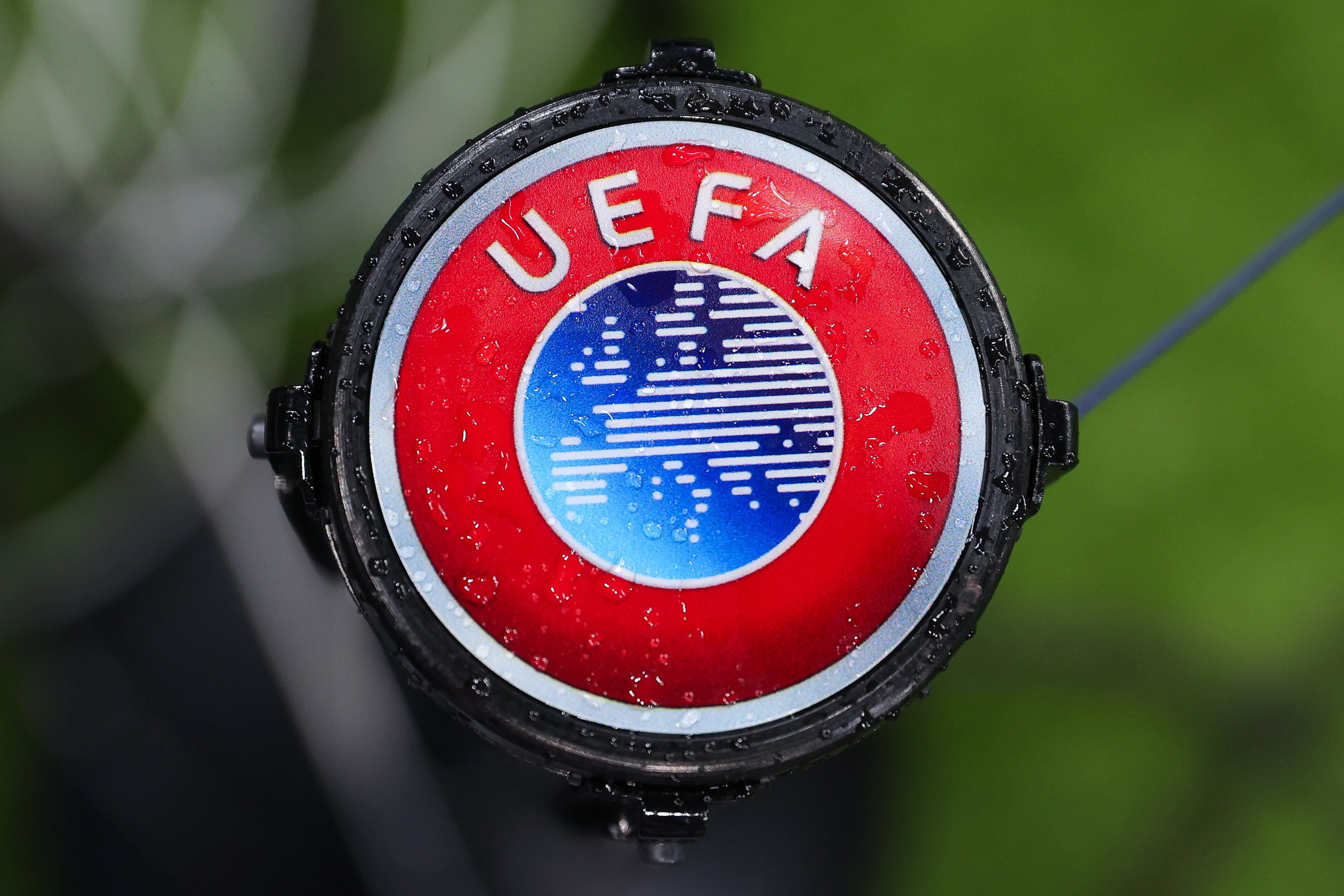 NEWCASTLE UPON TYNE, ENGLAND - DECEMBER 13: The UEFA logo is seen prior to the UEFA Champions League match between Newcastle United FC and AC Milan at St. James Park on December 13, 2023 in Newcastle upon Tyne, England. (Photo by James Gill - Danehouse/Getty Images)