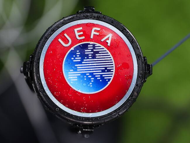 NEWCASTLE UPON TYNE, ENGLAND - DECEMBER 13: The UEFA logo is seen prior to the UEFA Champions League match between Newcastle United FC and AC Milan at St. James Park on December 13, 2023 in Newcastle upon Tyne, England. (Photo by James Gill - Danehouse/Getty Images)