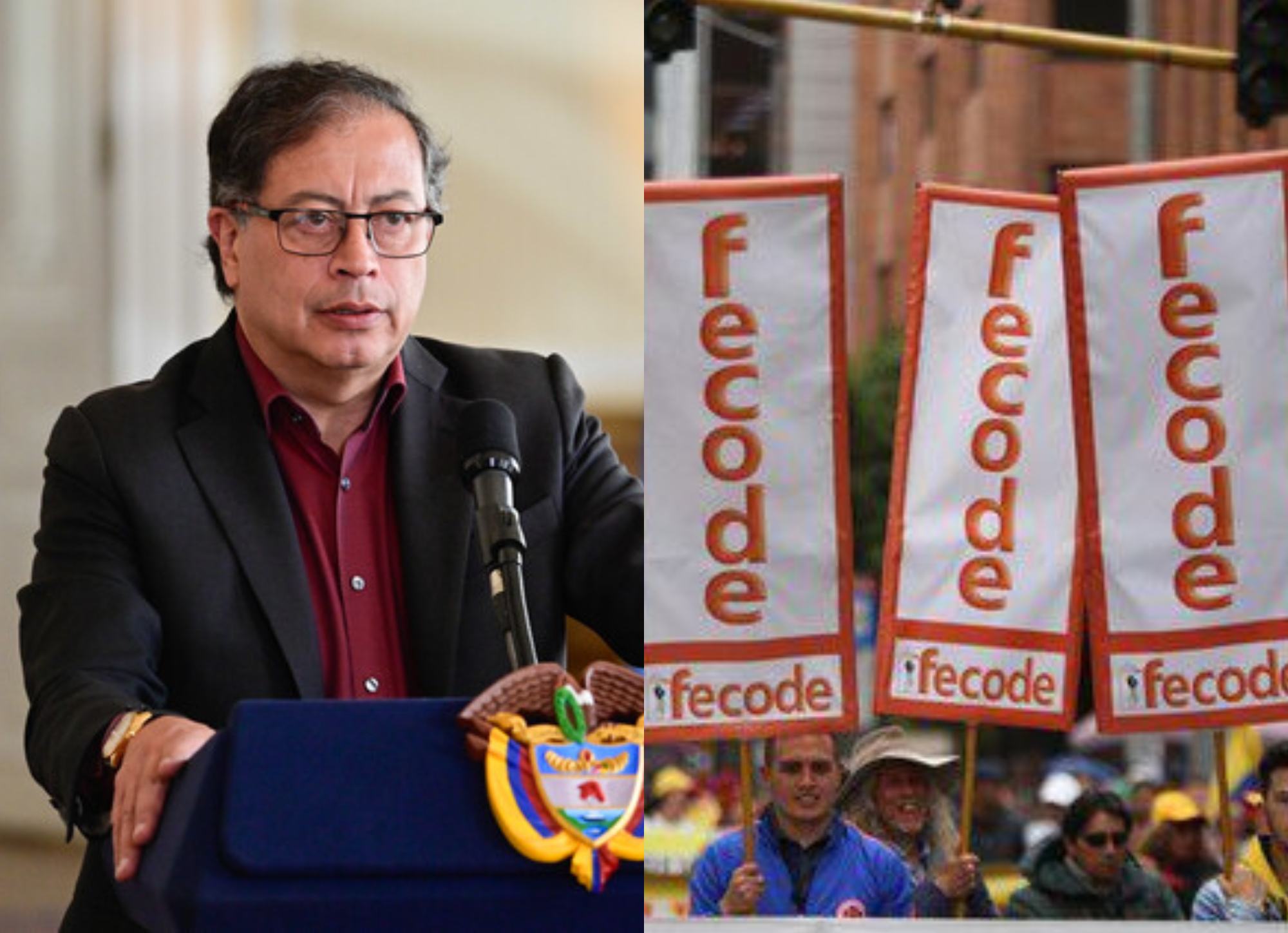 Gustavo Petro y manifestación de Fecode. Foto: (Cortesía Cristian Garavito - Presidencia) / (Colprensa - Álvaro Tavera)
