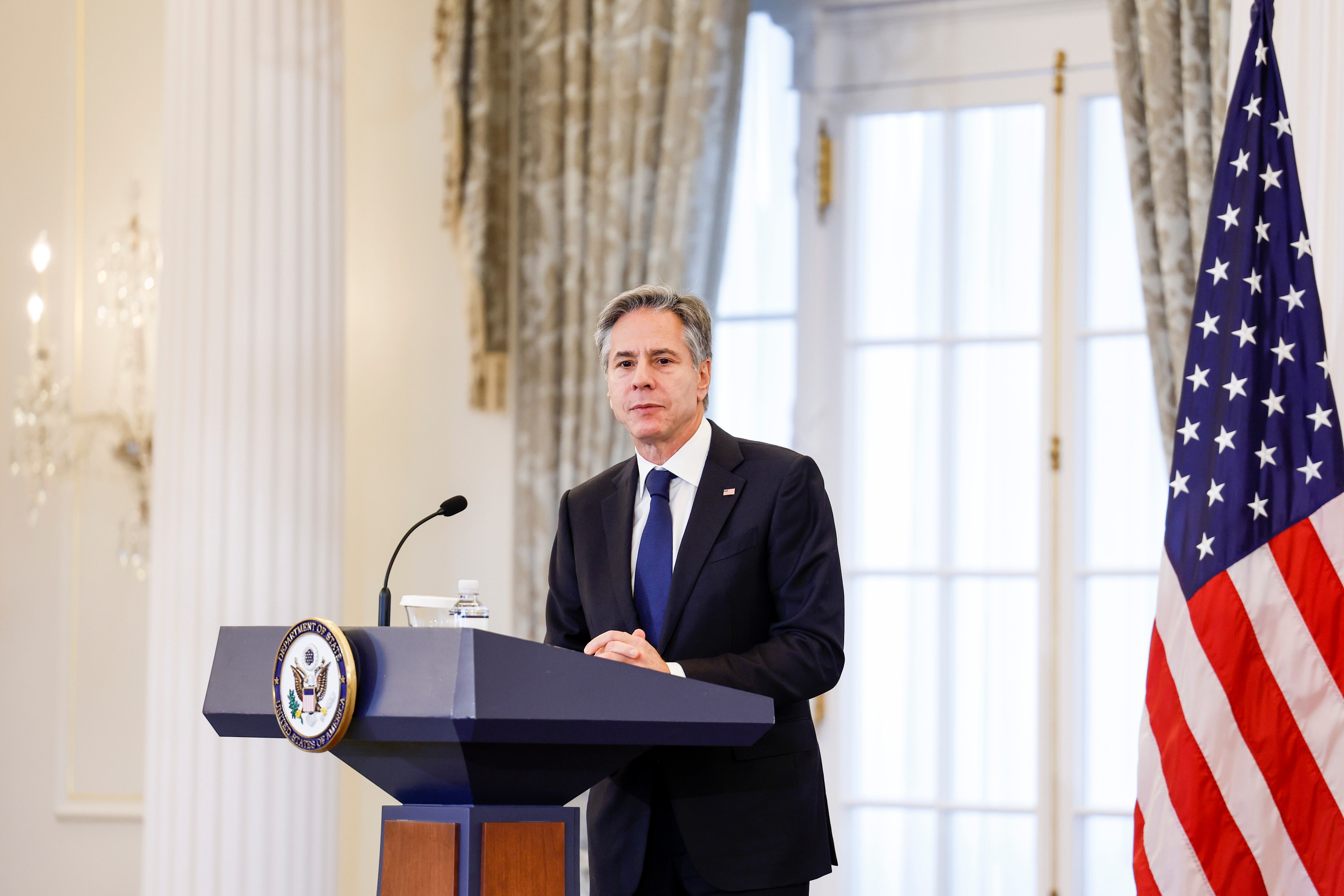 WASHINGTON, DC - OCTOBER 31: U.S. Secretary of State Antony Blinken speaks during an event for the launch of the 2023 U.S. Strategy and National Action Plan on Women, Peace and Security (WPS) at the U.S. State Department on October 31, 2023 in Washington, DC. Blinken spoke on U.S. President Joe Biden's administration's continued initiative to involve women in peace negotiations and conflict resolution in international affairs. (Photo by Anna Moneymaker/Getty Images)