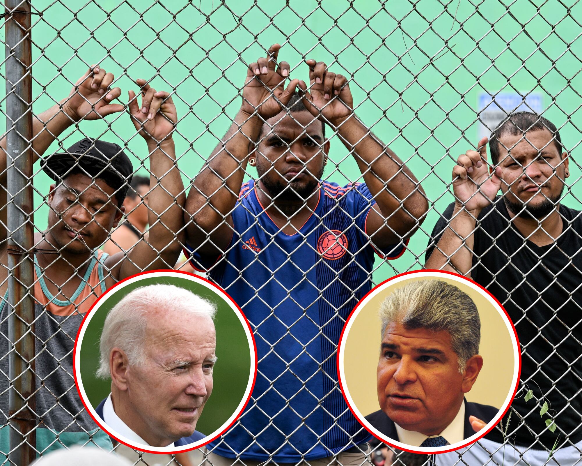 Migrantes retenidos en Panamá tras cruzar por la selva del Darién. En los círculos los presidentes Joe Biden (i) y José Raúl Mulino (d).
(Foto: Caracol Radio / Getty )