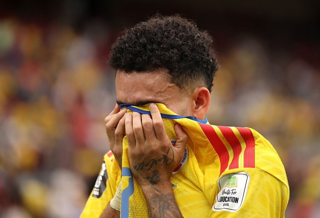 VANCOUVER, CANADA - JULY 07: Luis Diaz #7 of Colombia reacts after the penalty shootout defeat during the FIFA World Cup 2026 Round of 16 match between Switzerland and Colombia at BC Place Vancouver on July 07, 2026 in Vancouver, British Columbia, Canada. (Photo by Alex Pantling - FIFA/FIFA via Getty Images)