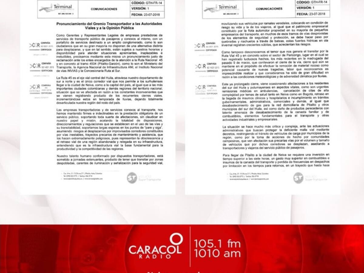 Transportadores del Huila enviaron un S.O.S al gobierno Nacional