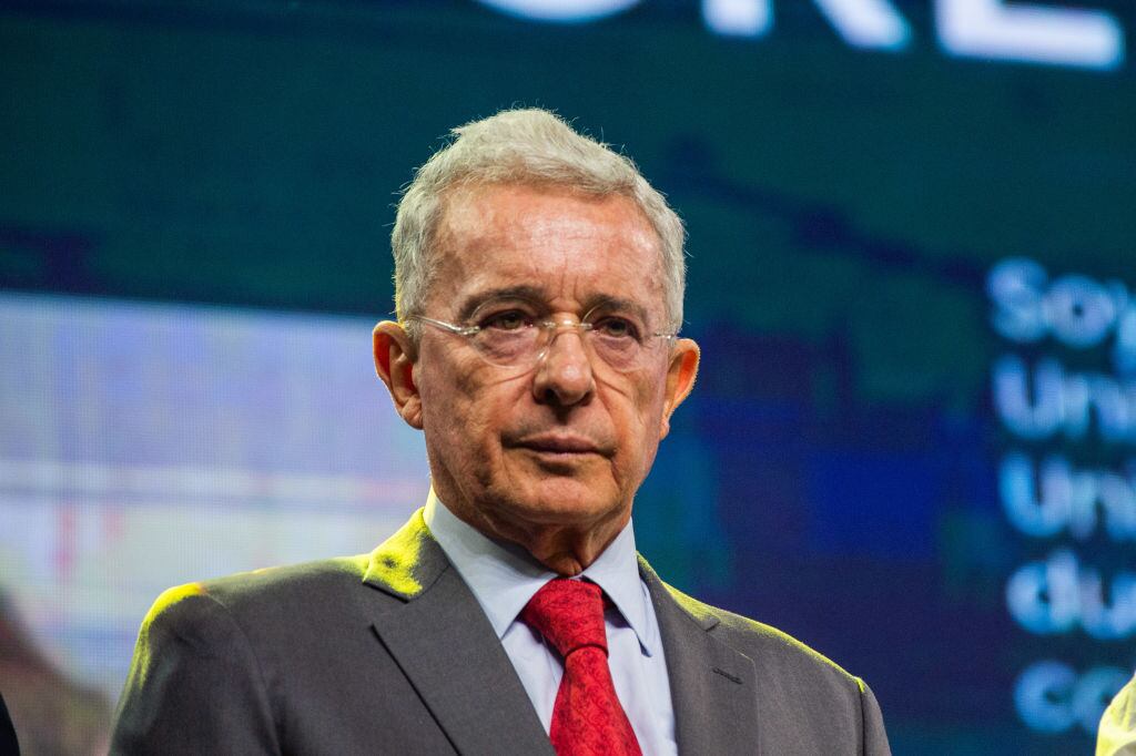 Colombia's former president Alvaro Uribe Velez takes part during an event announcing the candidates for Bogota's council of the Political Party, Centro Democratico, on August 10, 2023. (Photo by Sebastian Barros/NurPhoto via Getty Images)
