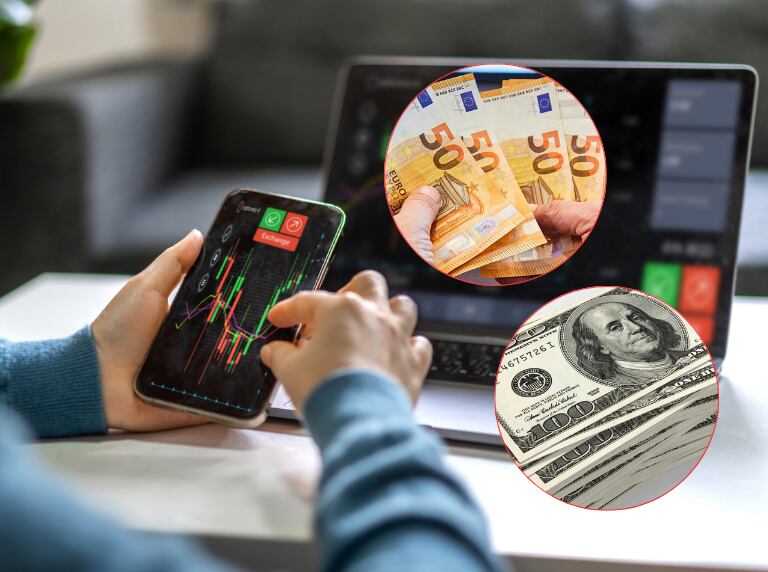 Persona revisando los cambios en la bolsa de valores desde su celular / Euros y dólares (Getty Images)