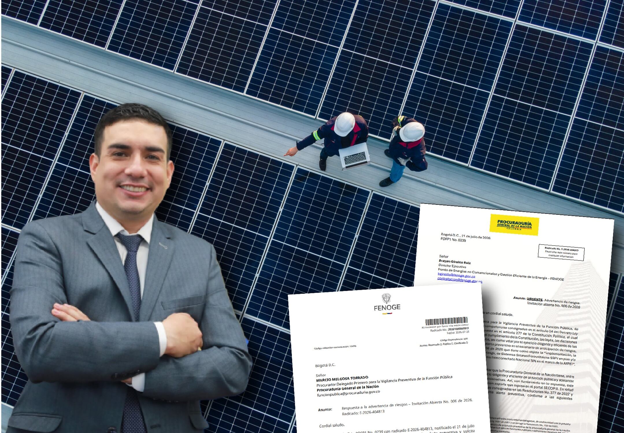 En la foto: De fondo instalación de panles solares. También aparece Brayan Giraldo Ruiz, director ejecutivo del Fenoge.