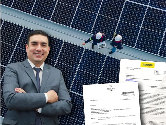 En la foto: De fondo instalación de panles solares. También aparece Brayan Giraldo Ruiz, director ejecutivo del Fenoge.