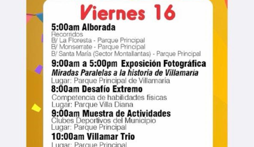 Parte de la programción del Cumpleaños 168 de Villamaría