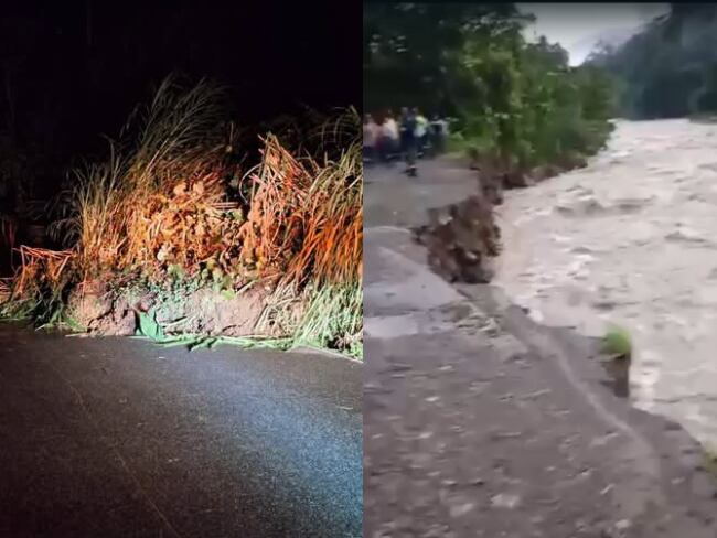 Derrumbe en el municipio de Risaralda (foto izquierda) y pérdida de banca entre Caldas y Antioquia (foto derecha). Fotos suministradas.