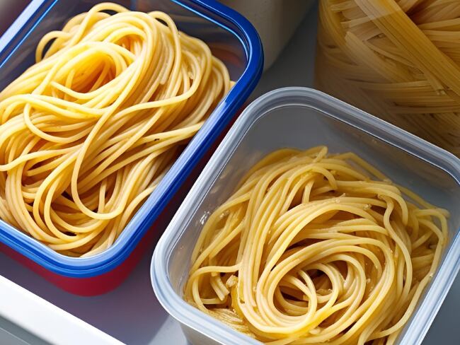 Pasta en recipientes. Foto: Imagen generada con IA de Canva.