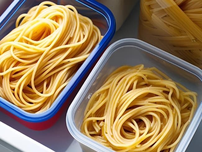 Pasta en recipientes. Foto: Imagen generada con IA de Canva.