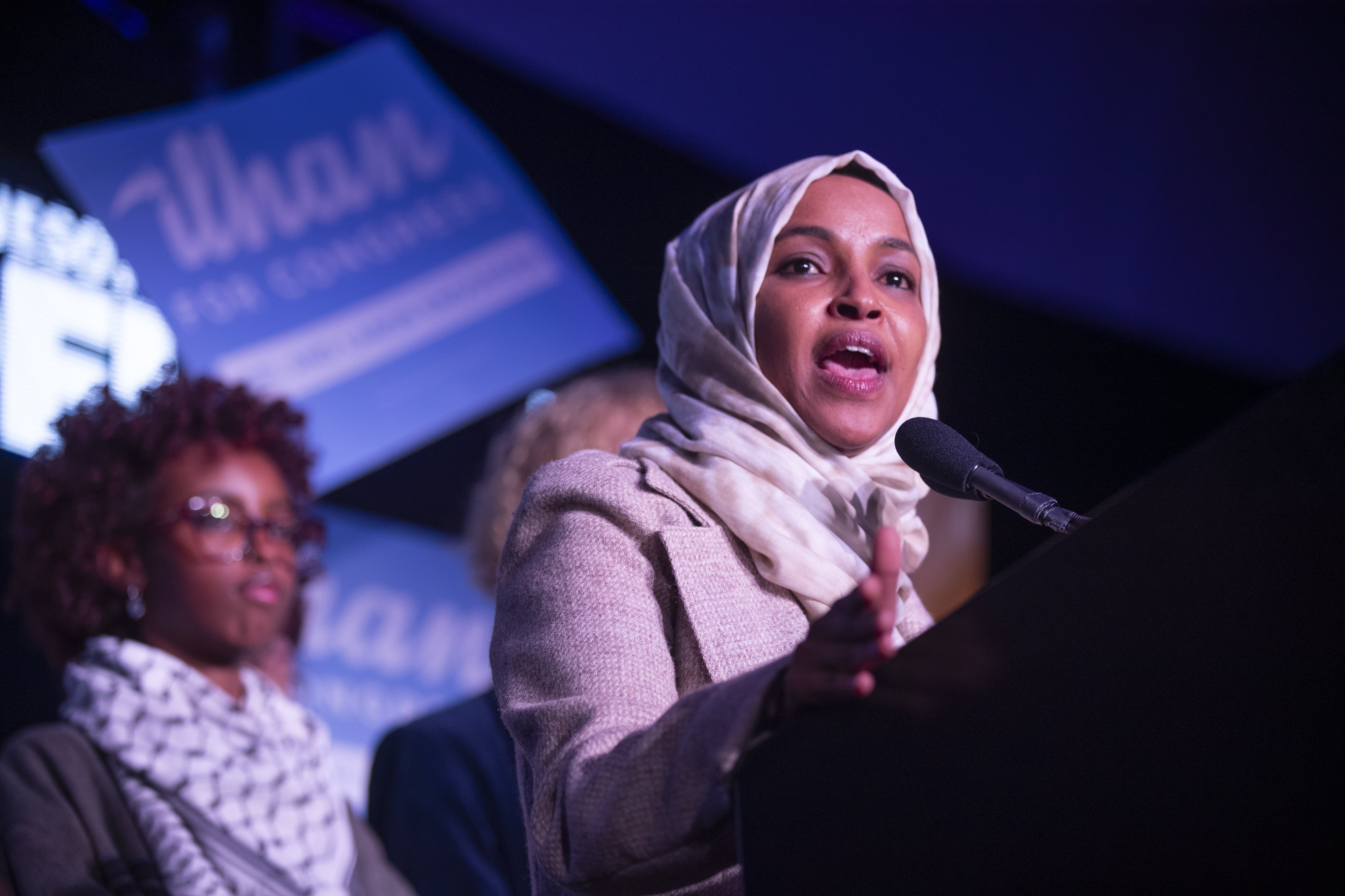 SAINT PAUL, MINNESOTA, UNITED STATES - NOVEMBER 05: Congresswomen Ilhan Omar speaks to the people attending the Minnesota DemocraticFarmerLabor Party (DFL) election watch party held at the InterContinental Hotel in Saint Paul, Minnesota, United States on November 05, 2024. (Photo by Christopher Mark Juhn/Anadolu via Getty Images)