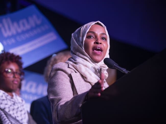 SAINT PAUL, MINNESOTA, UNITED STATES - NOVEMBER 05: Congresswomen Ilhan Omar speaks to the people attending the Minnesota DemocraticFarmerLabor Party (DFL) election watch party held at the InterContinental Hotel in Saint Paul, Minnesota, United States on November 05, 2024. (Photo by Christopher Mark Juhn/Anadolu via Getty Images)