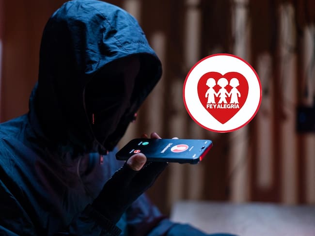 De fondo: Estafador usando un teléfono celular para comunicarse con sus víctimas (Crédito: Getty Images). A la derecha se encuentra el logo oficial de la Fundación Fe y Alegría