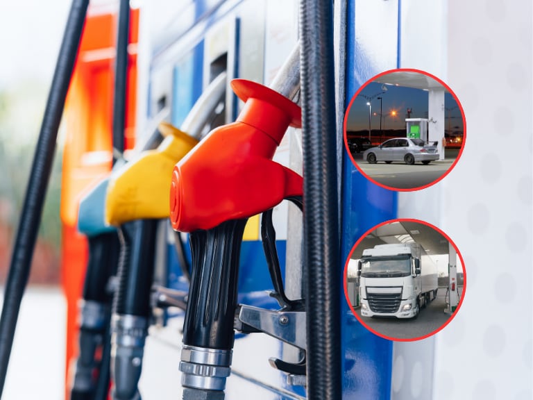 Mangeras de combustible de diferente tipo y al lado un carro y un camión en estaciones de gasolina (Fotos vía Getty Images)