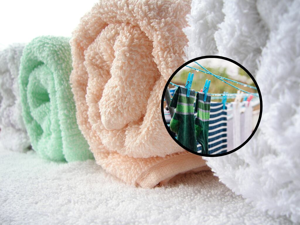 Toallas corporales dobladas y de fondo prendas de vestir tendidas mientras llueve (Fotos vía Getty Images)