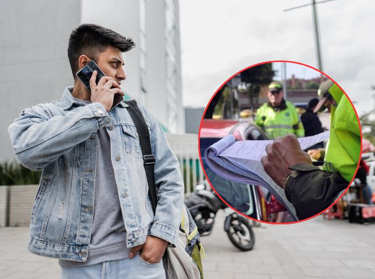 Ciudadano caminando en la calle con su celular en la mano / Policía colocando un parte (Getty Images / Alcaldía de Bogotá)