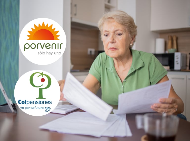 Persona mayor revisando papeles (Getty Images) / Logo de Colpensiones y Porvenir