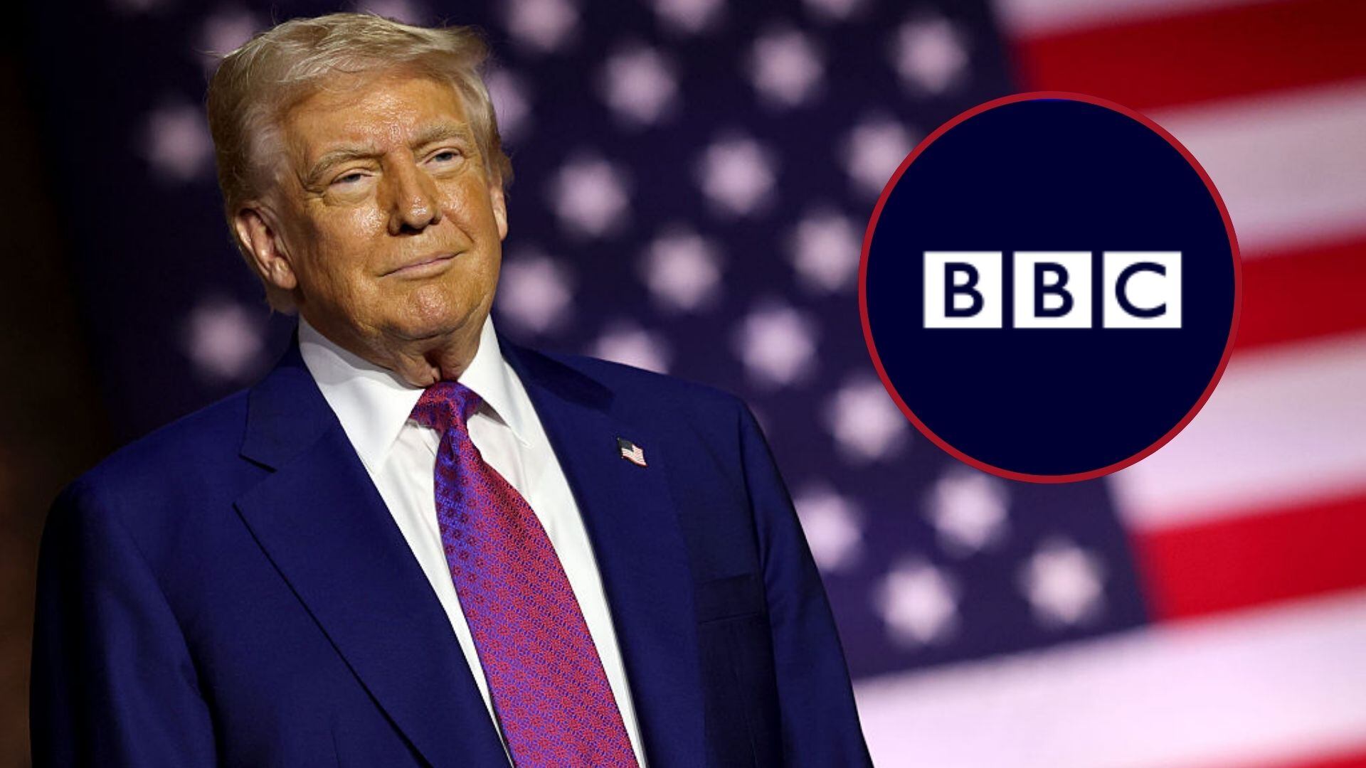 El presidente de Estados Unidos, Donald Trump, durante mayo de 2025 y logo de la BBC. FOTO: Win McNamee/Getty Images