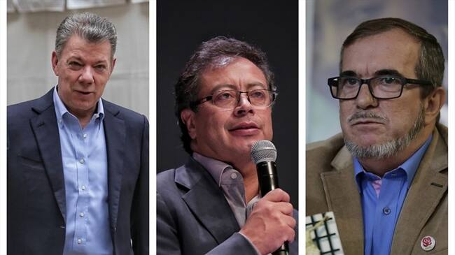 El presidente Juan Manuel Santos, Rodrigo Londoño conocido como 'Timochenko y candidato a la presidencia Gustavo Petro. Foto: Colprensa
