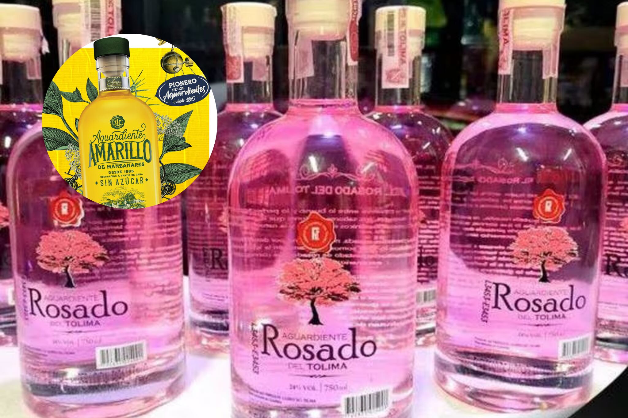 Aguardiente Rosado del Tolima y Aguardiente Amarillo. Foto: X @vanedelatorre  e Industria Licorera de Caldas