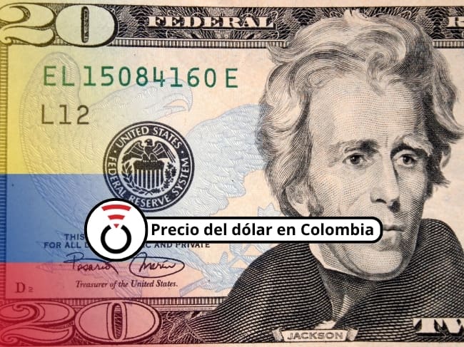 De fondo: Billete de 20 dólares, donde aparece Andrew Jackson, el séptimo presidente de los Estados Unidos (1829-1837). A la izquierda hay una imagen translúcida de la bandera de Colombia (Crédito: Getty Images)