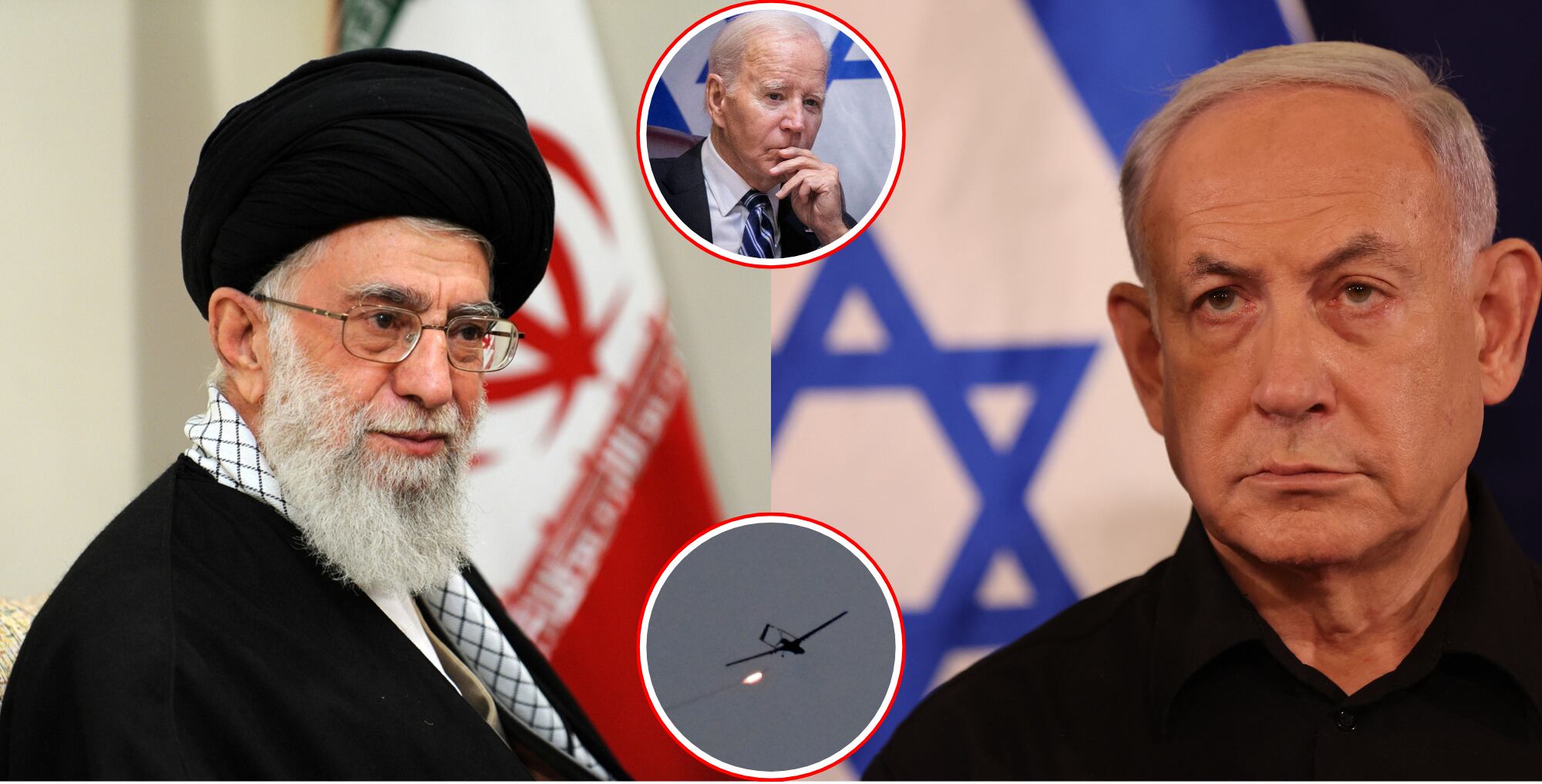El líder supremo de Irán, Ali Jamenei (i), el primer ministro de Israel, Benjamín Netanyahu (d). En el círculo superior, el presidente de Estados Unidos, Joe Biden, y en el el círculo inferior un dron de ataque.
(Foto: Getty / Caracol Radio )