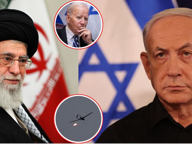 El líder supremo de Irán, Ali Jamenei (i), el primer ministro de Israel, Benjamín Netanyahu (d). En el círculo superior, el presidente de Estados Unidos, Joe Biden, y en el el círculo inferior un dron de ataque.
(Foto: Getty / Caracol Radio )