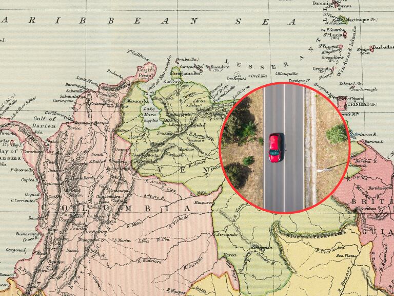 Mapa de Colombia y Venezuela, con relieve / Carretera con carro (Getty Images)