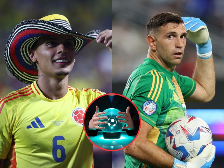 A lado izquierdo, Richard Ríos de Colombia, a la derecha 'Dibu' Martínez de Argentina y de fondo una bola de cristal (Fotos vía Getty Images)