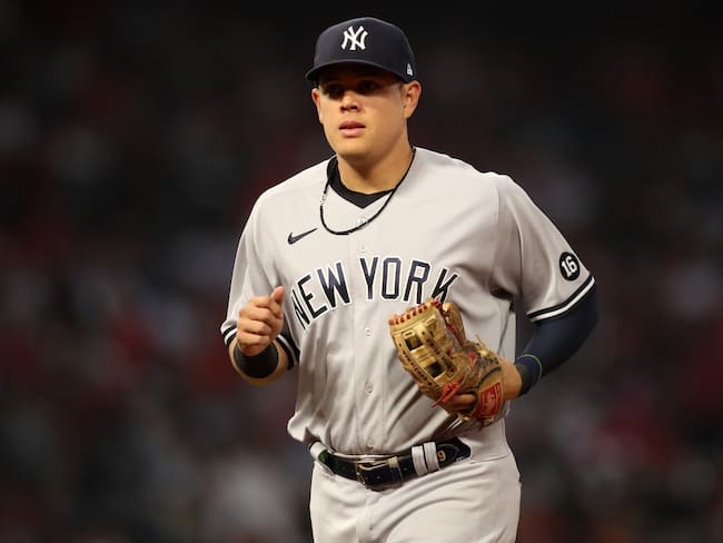 ANAHEIM, CA - AUGUST 31:  Gio Urshela #29 of the New York Yankees looks on during the game against the Los Angeles Angels at Angel Stadium on August 31, 2021 in Anaheim, California.  The Angels defeated the Yankees 6-4.  (Photo by Rob Leiter/MLB Photos via Getty Images)