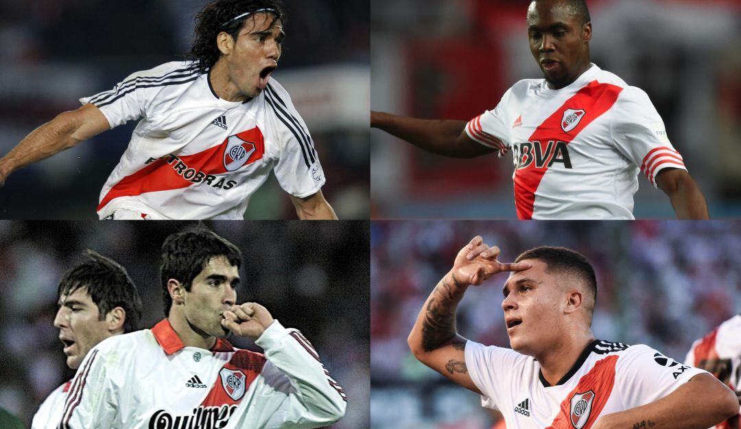 Falcao (arriba izquierda), Álvarez Balanta (arriba derecha), Juan Pablo Ángel (abajo izquierda) y Juan Fernando Quintero (abajo derecha).