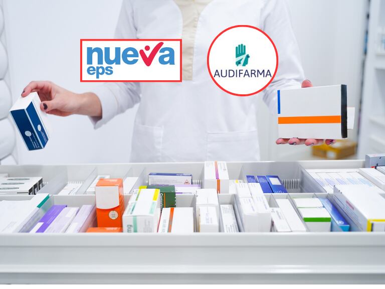 Persona suministrando unos medicamentos y al lado el logo de Nueva EPS y Audifarma (Fotos vía Getty Images y redes sociales de las marcas)