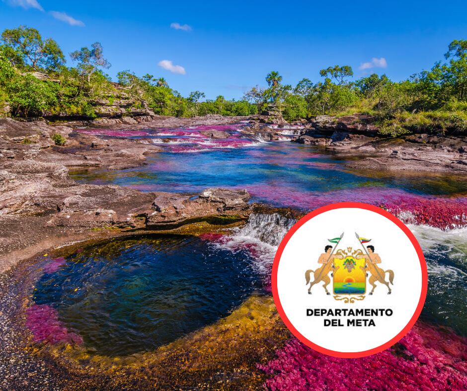 Caño Cristales y escudo departamento del Meta (Getty Images)