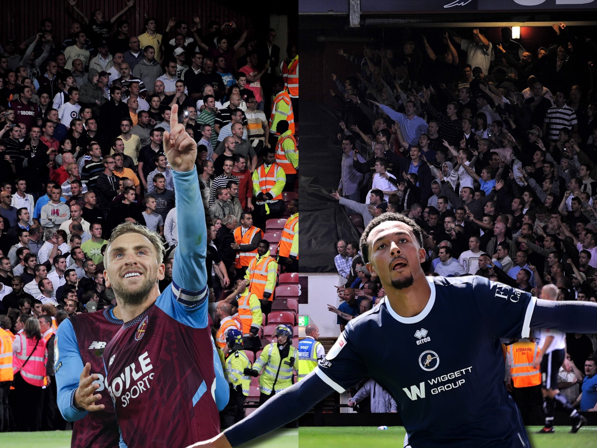 Al fondo, fanáticos del West Ham United (izquierda) y fanáticos del Millwall (derecha). Al frente, Jarrod Bowen, de West Ham (izquierda) y Femi Azeez, del Millwall (derecha). Fotos: Getty Images.