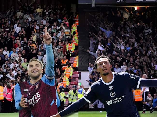 Al fondo, fanáticos del West Ham United (izquierda) y fanáticos del Millwall (derecha). Al frente, Jarrod Bowen, de West Ham (izquierda) y Femi Azeez, del Millwall (derecha). Fotos: Getty Images.