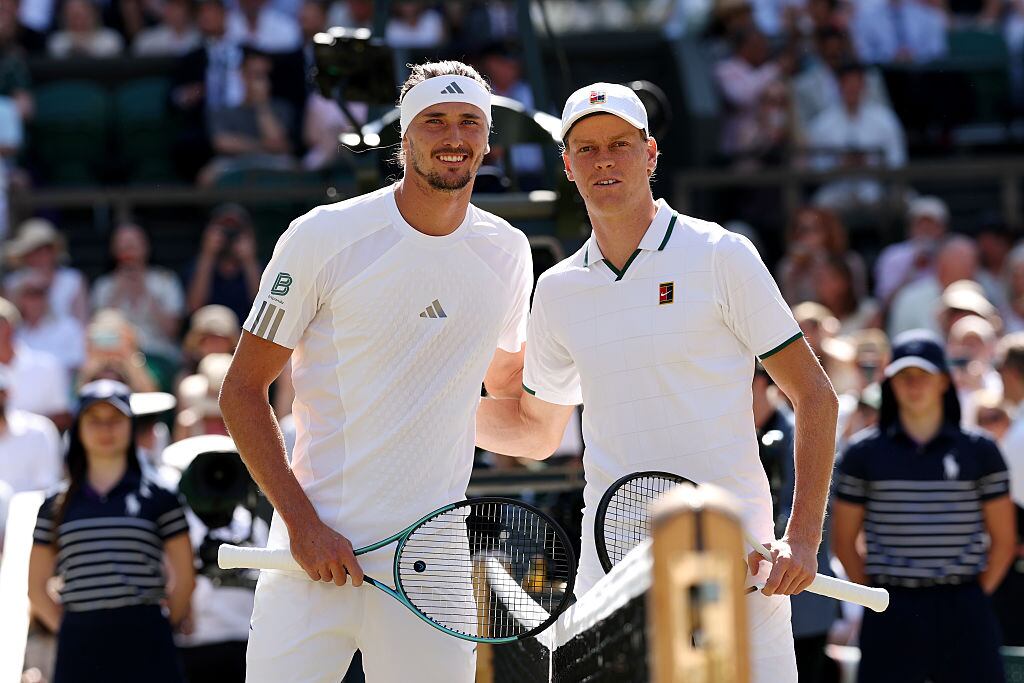 LONDON, ENGLAND - JULY 12: Alexander Zverev of Germany and Jannik Sinner of Italy pose for a photo ahead of their Gentlemen's Singles final match on day fourteen of The Championships Wimbledon 2026 at All England Lawn Tennis and Croquet Club on July 12, 2026 in London, England. (Photo by Clive Brunskill/Getty Images)